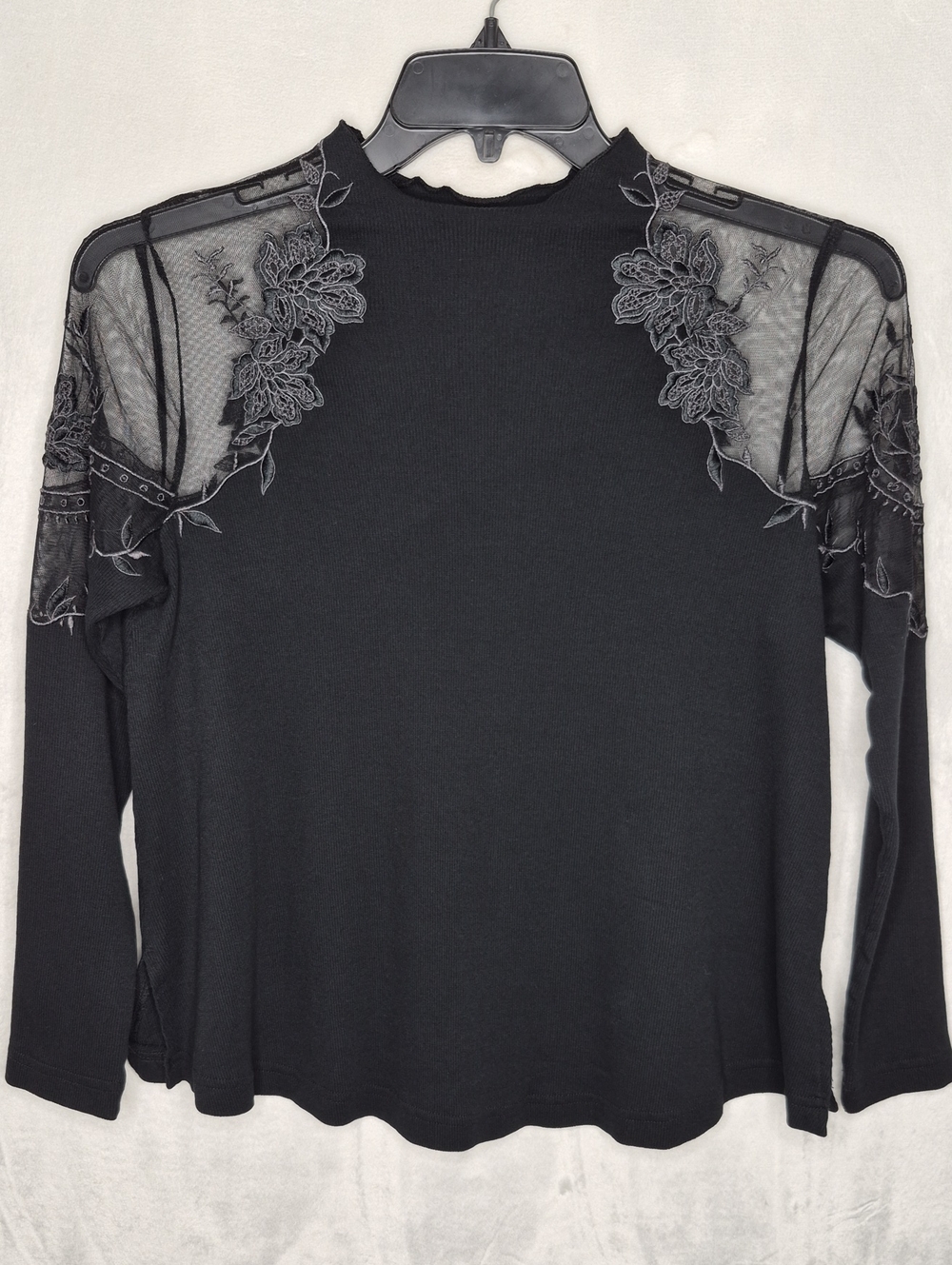 Free People Embroidered Sheer Lace Shoulder Ribbed Mock Neck Top Black XS